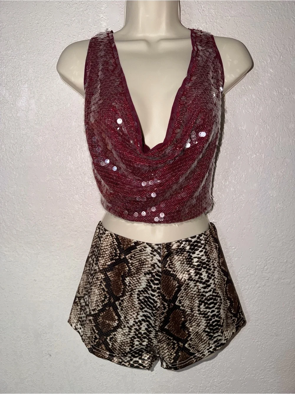 Two Piece Set Sequin Cowl Neck & Snake Skin Shorts